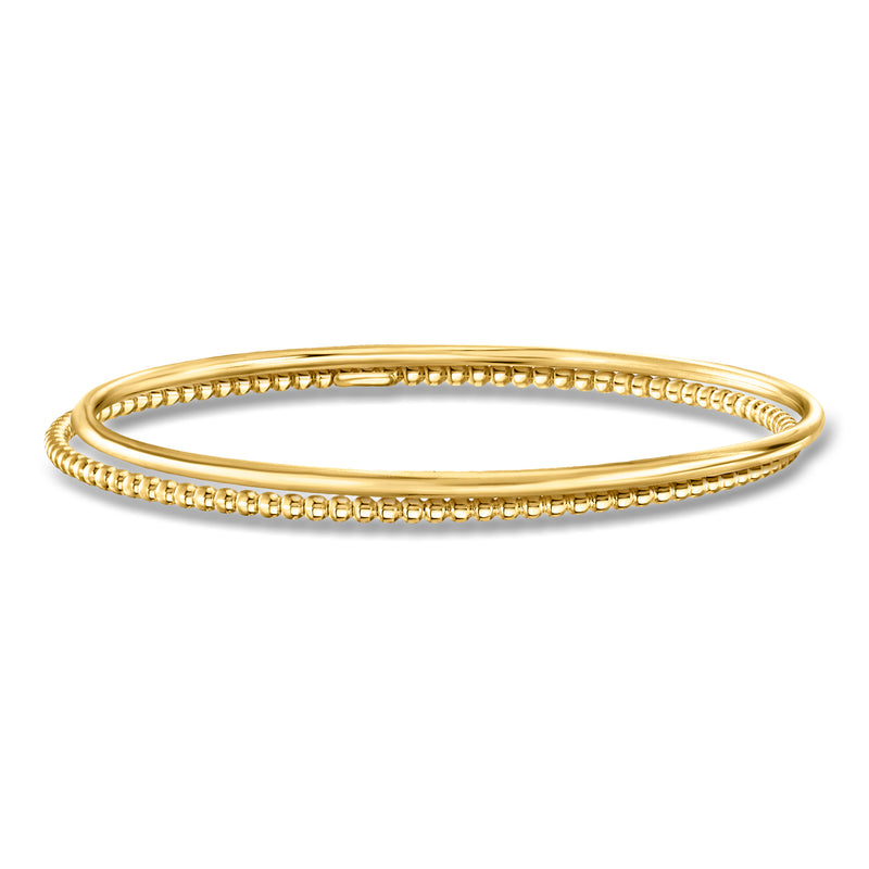 Two gold vermeil bangles, one polished and one beaded bracelet stack