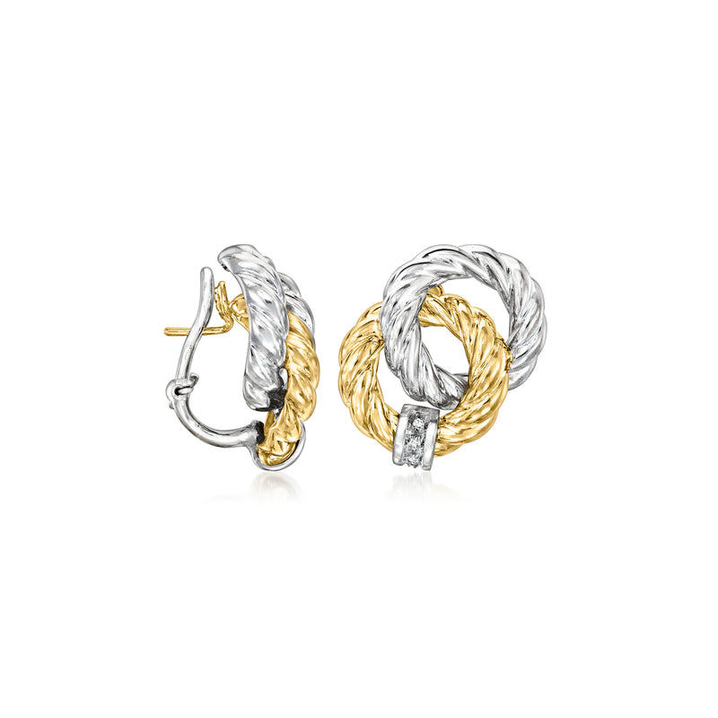 Two-tone gold and silver clip hoop earrings with interlocking circles and rectangular diamond.