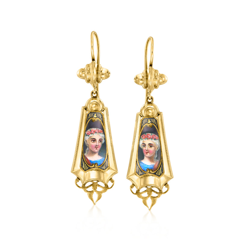 Vintage portrait drop earrings with enamel, 14kt yellow gold, ornate frame and hoop drops