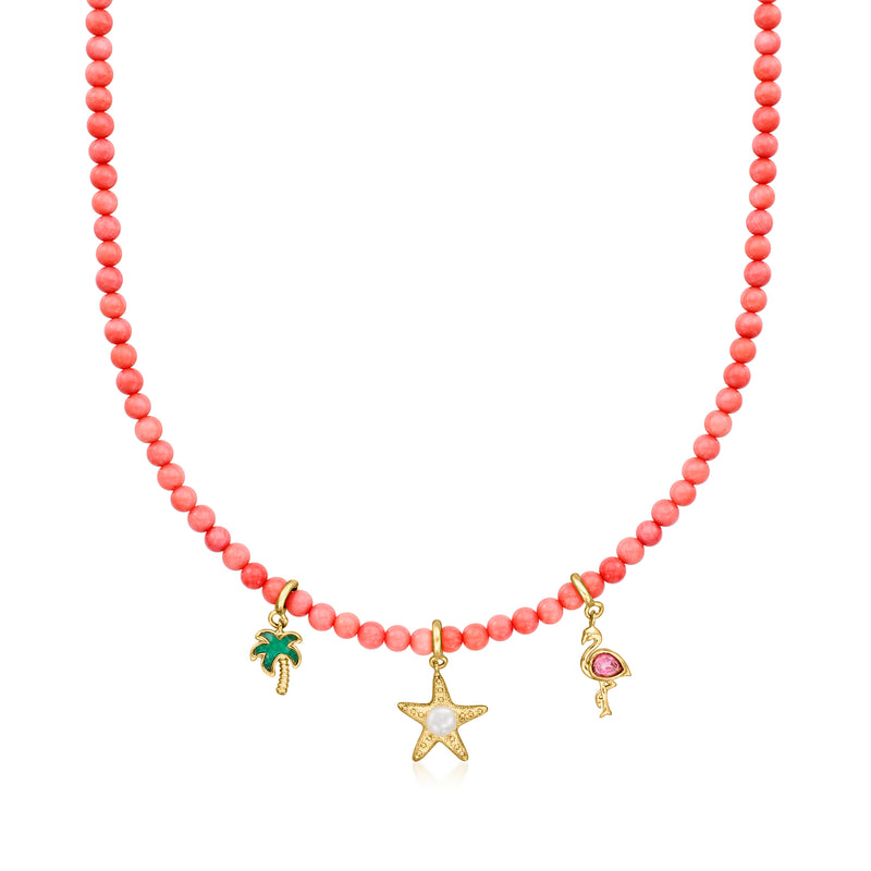 Pink coral bead necklace with gold-tone charms: star, flamingo, and pink heart