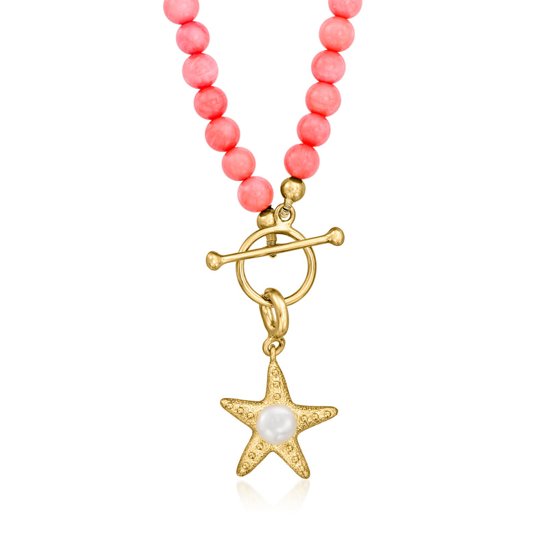 Pink coral bead charm toggle necklace with star charm and gold-tone toggle clasp