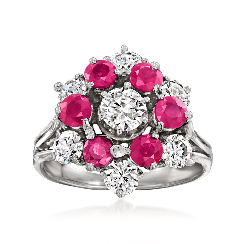 14kt white gold floral ring with large pink rubies and round diamonds