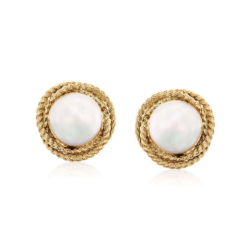 14kt yellow gold rope-edge cultured pearl stud earrings
