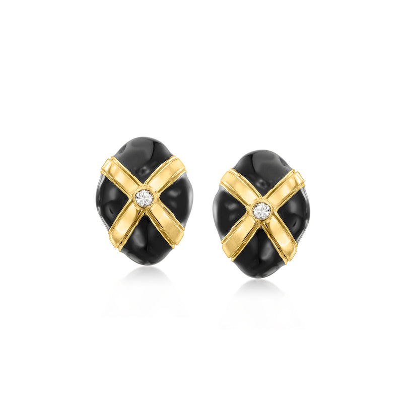Vintage black enamel earrings with yellow gold X design and diamond accents