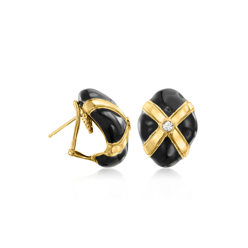 Black enamel and 14kt yellow gold stud earrings with X frame, diamond center