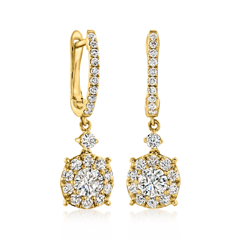 18kt yellow gold diamond drop earrings with round halo cluster and dangling hoop accents
