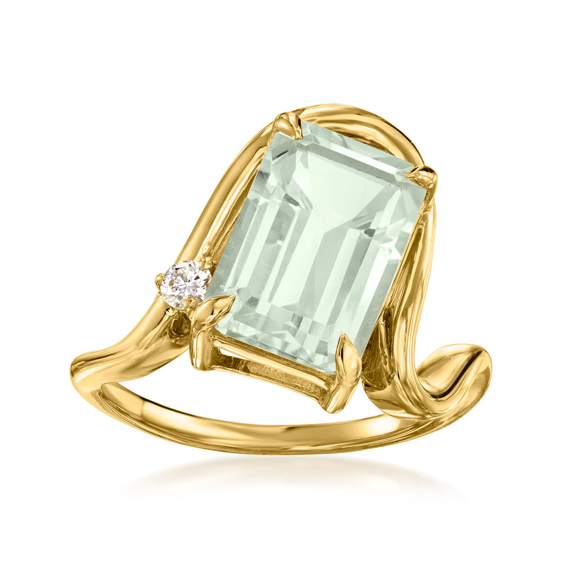 18kt gold over sterling ring with rectangular prasiolite and small round diamond accents