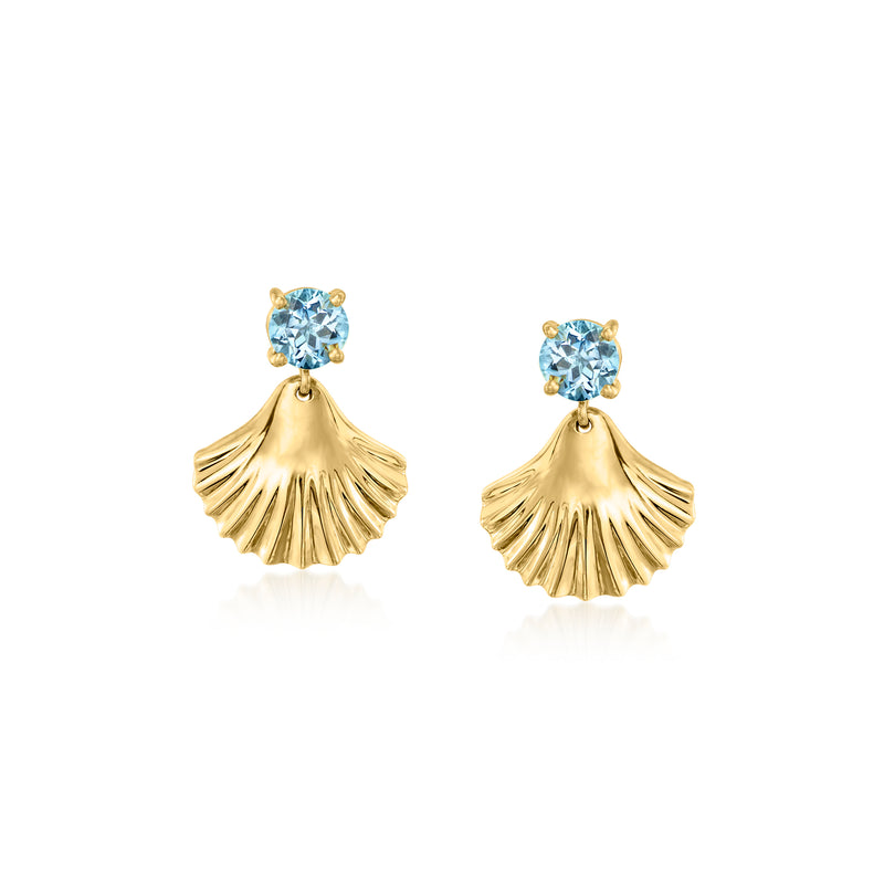 Gold drop earrings with round sky-blue gemstone and scalloped seashell charm