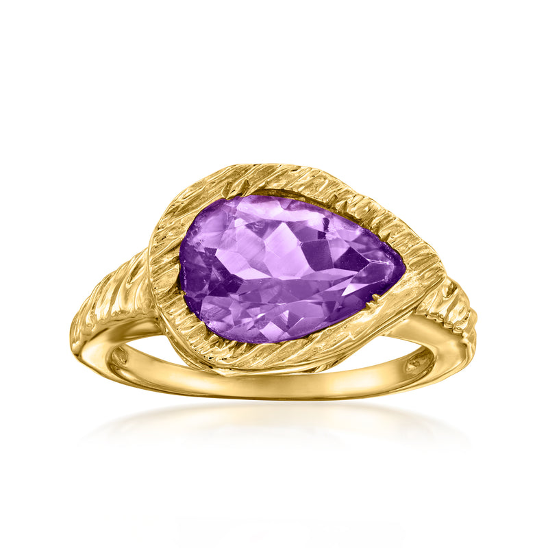 Gold over sterling ring with pear-cut purple amethyst in an ornate bezel setting