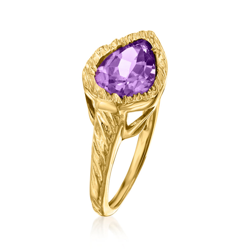 Gold-tone amethyst ring with oval purple gemstone in a scalloped, twisted halo