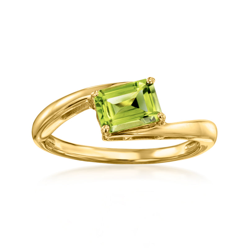Gold over sterling ring with square peridot gemstone, open basket setting