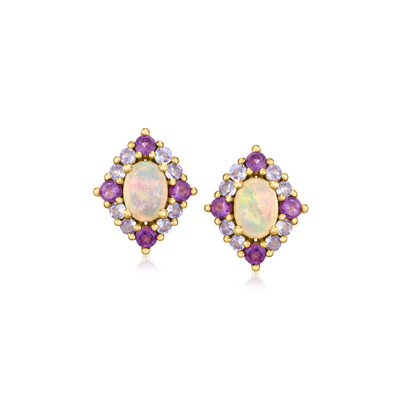 Opal center stud earrings with purple gemstone halo in gold over sterling