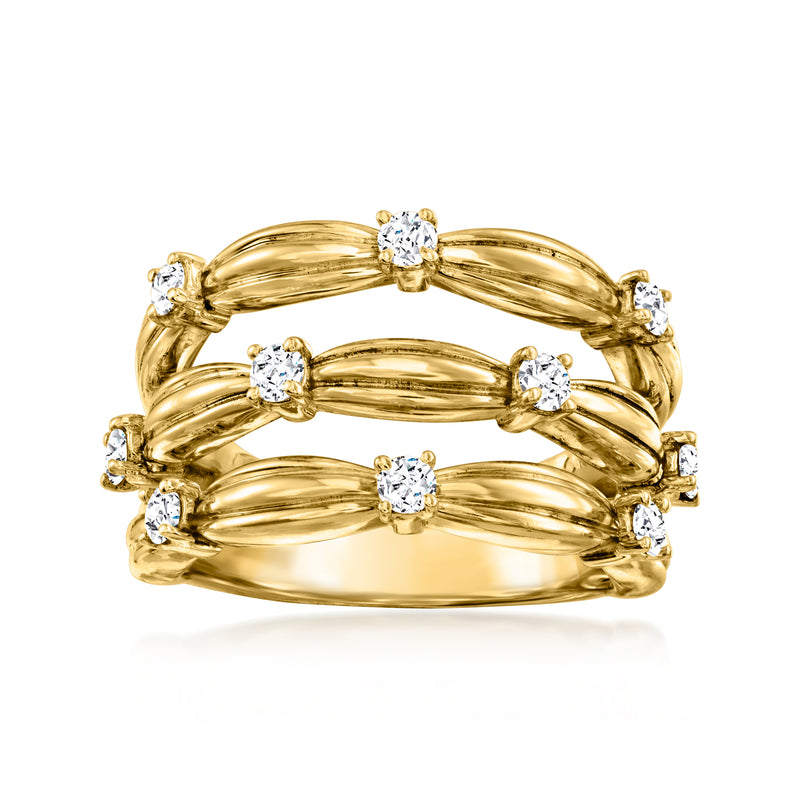 Vintage 18k yellow gold three-row diamond ring with round stones, high-polish band.