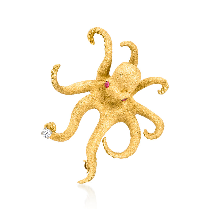 Vintage 18kt yellow gold octopus pin with ruby and diamond accents