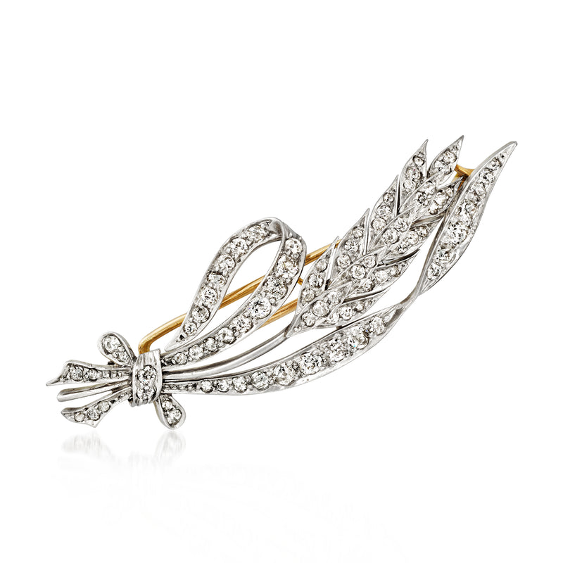 Vintage diamond wheat pin in platinum and yellow gold, ornate leaf-like wheat design