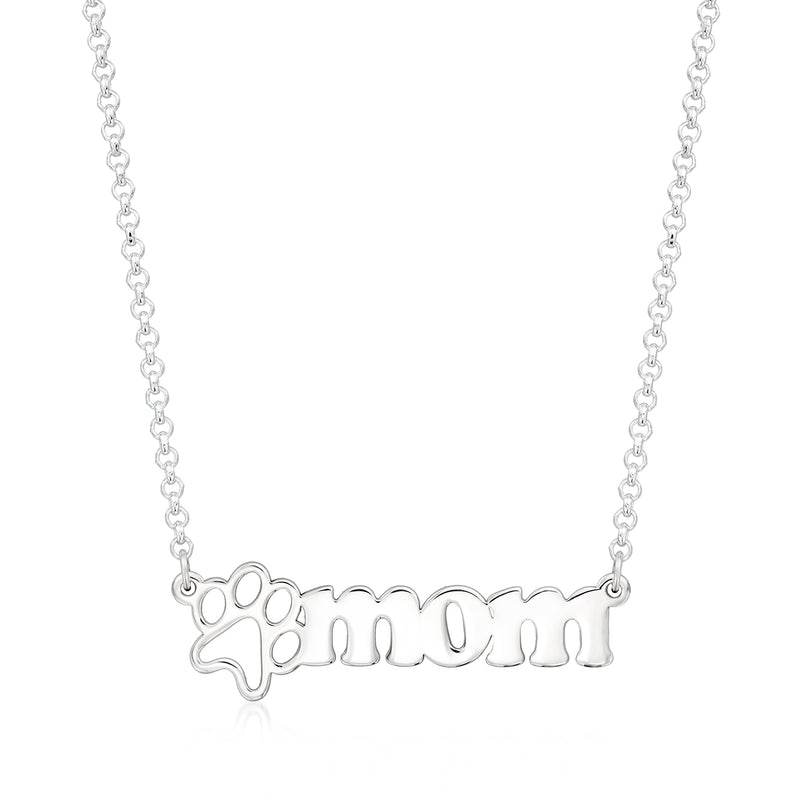 Sterling silver dog paw 'Mom' necklace with pendant lettering
