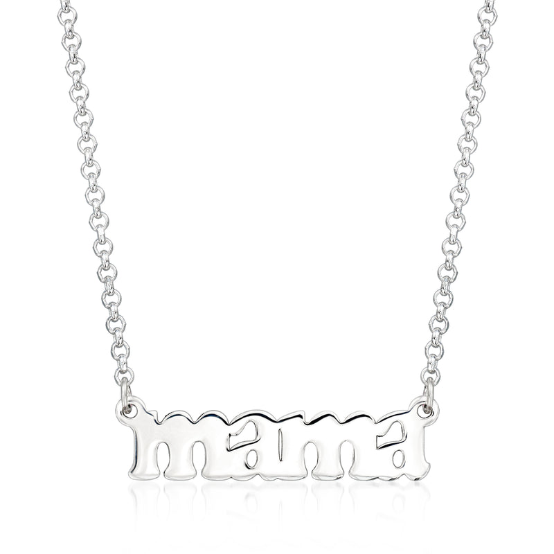 Sterling silver Mama pendant necklace with curb chain, engraved cursive lettering.