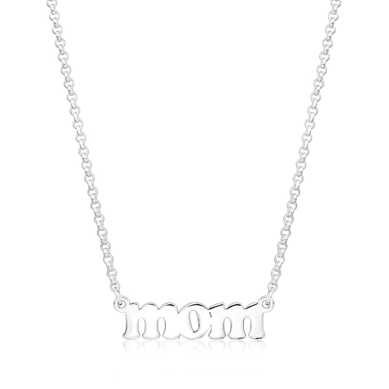 Sterling silver Mom pendant necklace with scalloped 'Mom' charm on link chain