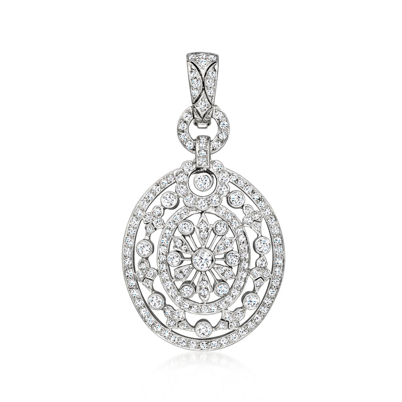 White gold diamond pendant with circular halo design and teardrop bail, sparkle center