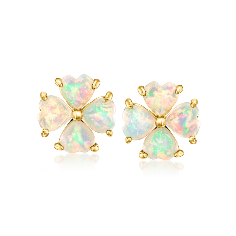 Opal floral stud earrings in 18kt gold over sterling, heart-shaped petals, post backs