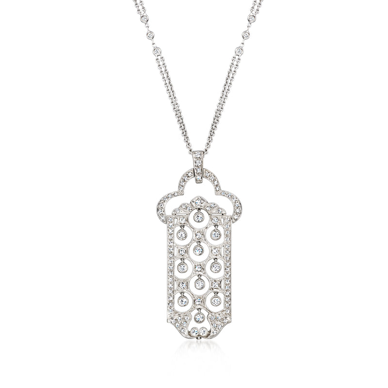 Diamond pendant necklace in 18kt white gold, ornate rectangular charm with round stones
