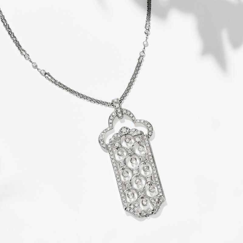 Diamond pendant necklace, openwork rectangular charm with round diamond accents on chain