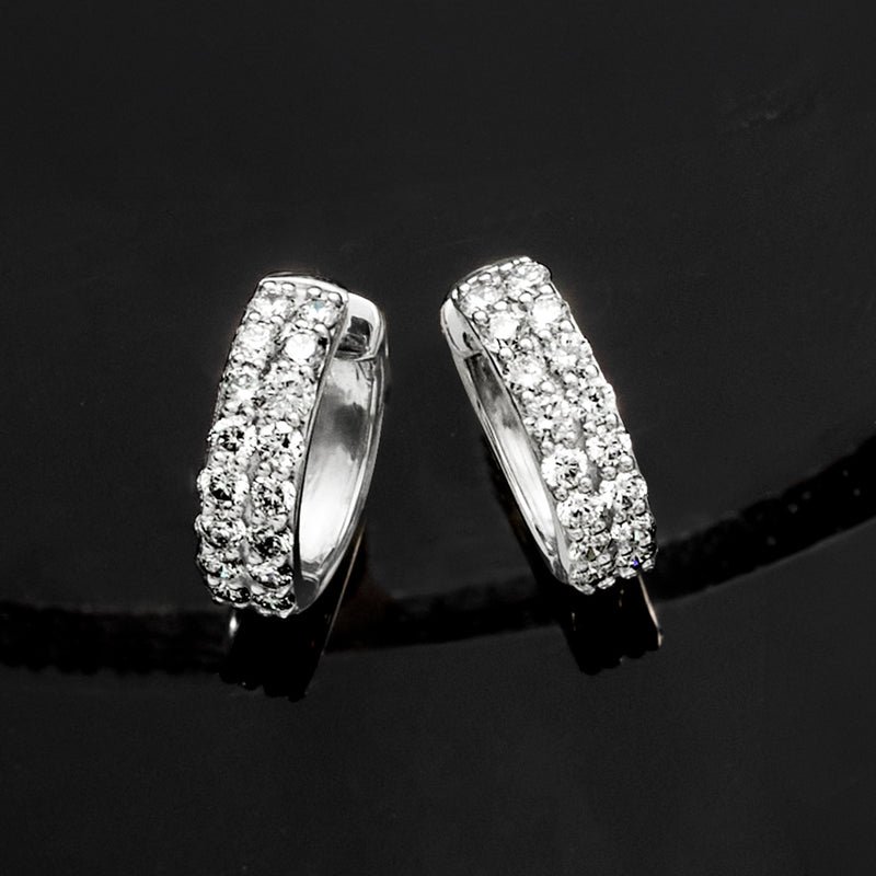 Sterling silver huggie hoop earrings with two rows of lab-grown diamonds