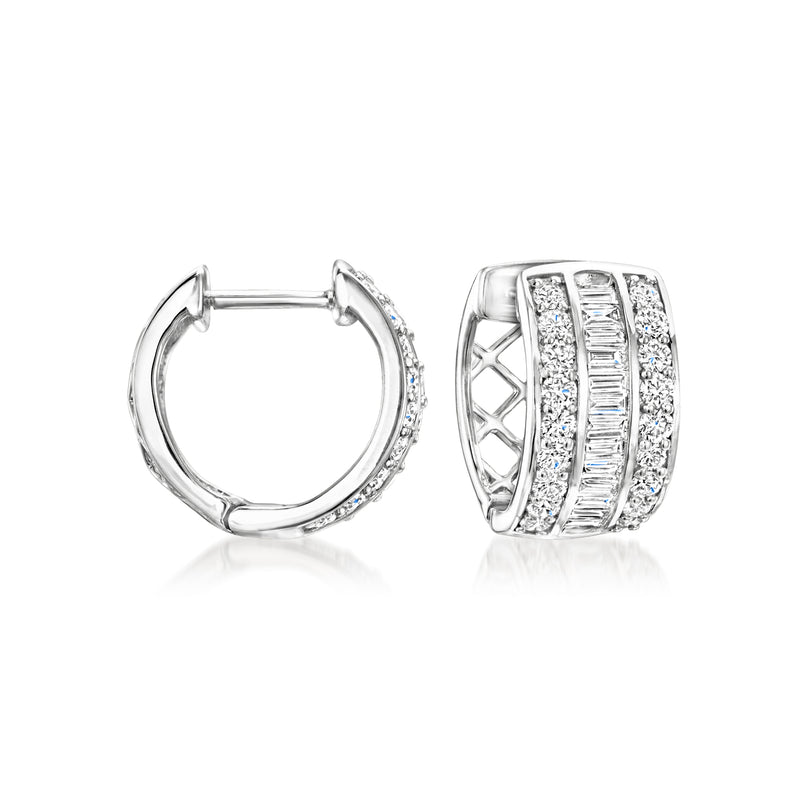 Sterling silver huggie hoop earrings with lab-grown diamond pavé and baguette accents