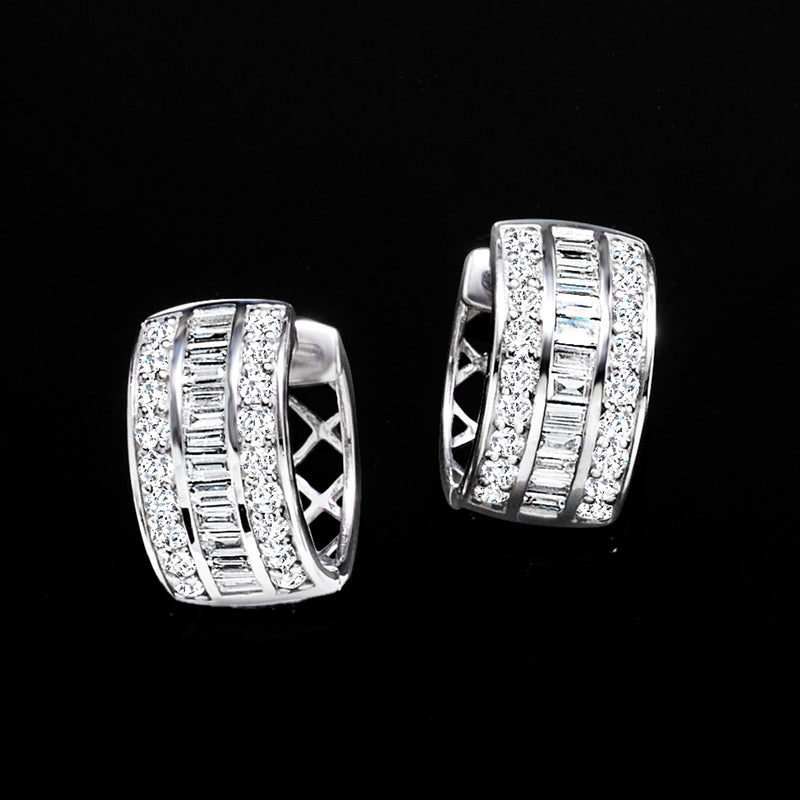 Sterling silver lab-grown diamond huggie hoop earrings with baguette and pavé stones
