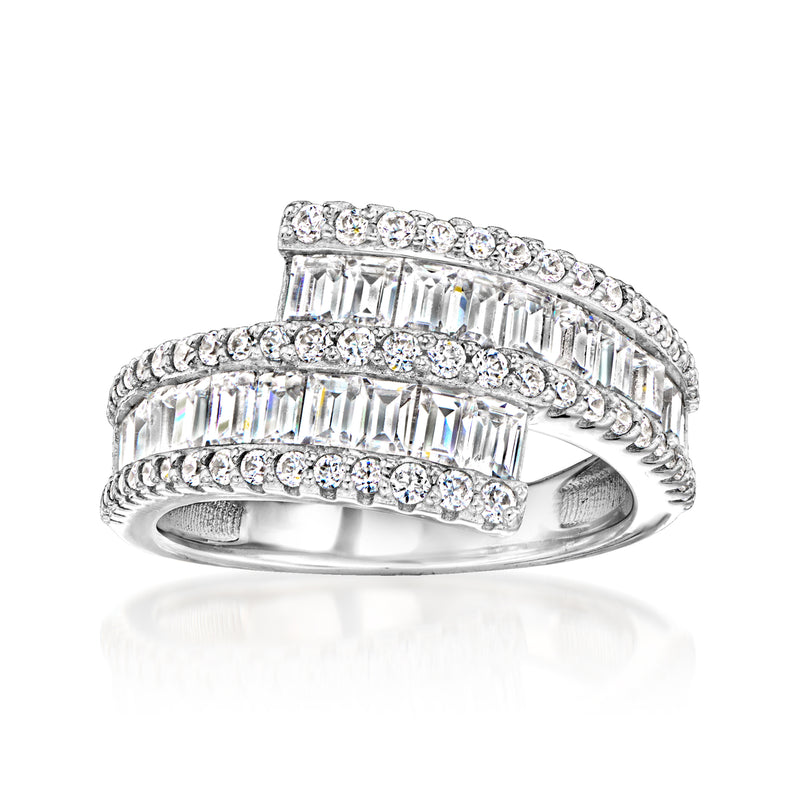 Sterling silver bypass ring with baguette and round CZ stones, three-row design