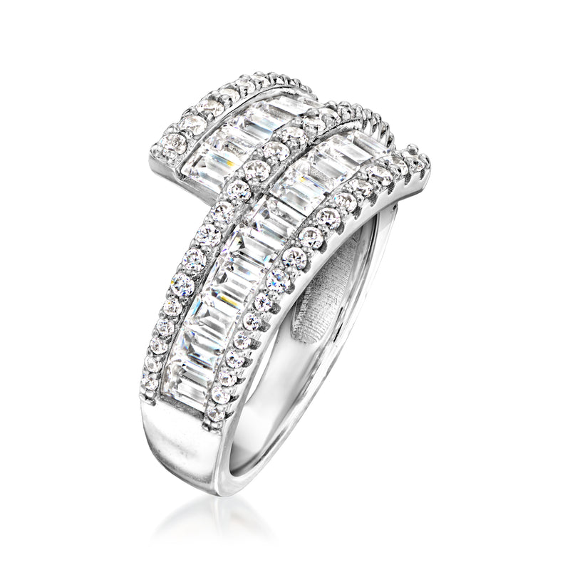 Sterling silver oval bypass CZ ring, baguette-cut center stones with round halo