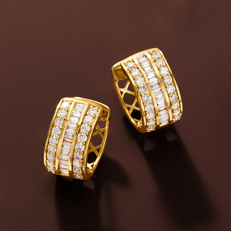 Gold over sterling huggie hoop earrings with baguette and round diamonds