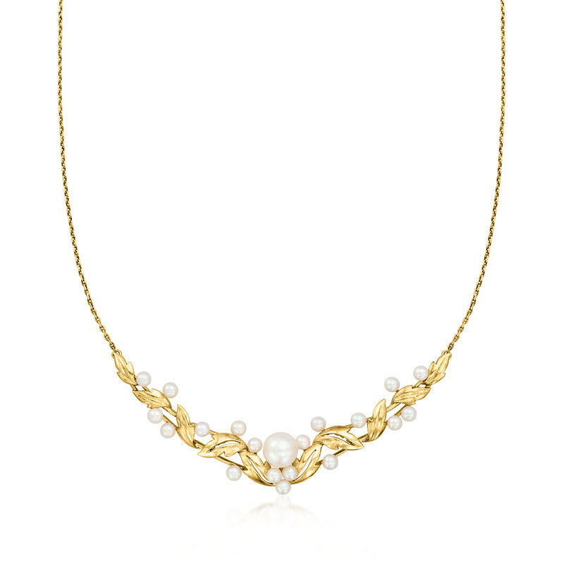 14kt yellow gold cultured pearl necklace with leaf-style pearl clusters, 3.5–8mm beads
