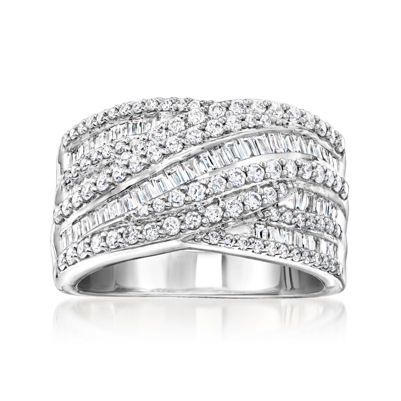 Sterling silver crisscross diamond ring with baguette and round stones, front view