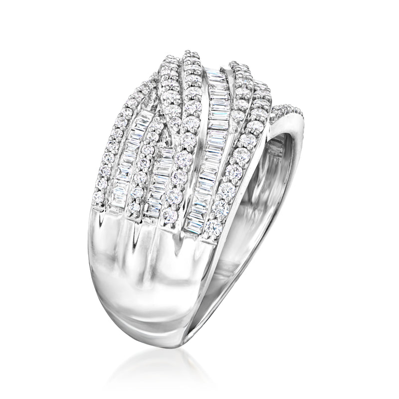 Sterling silver crisscross diamond ring with layered baguette stones, side view