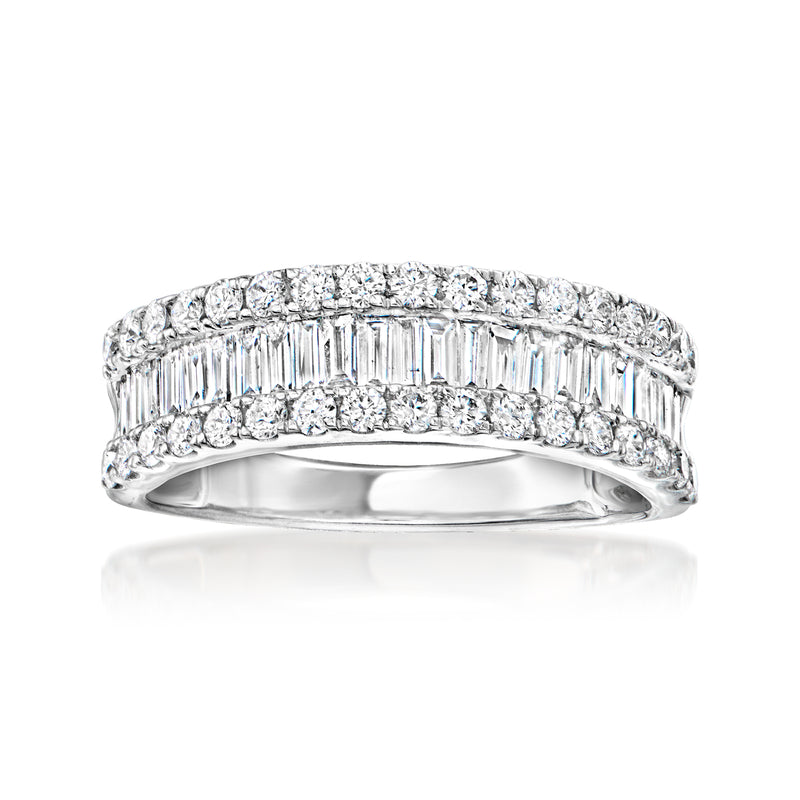 Sterling silver diamond ring with baguette-cut and round diamonds across the band