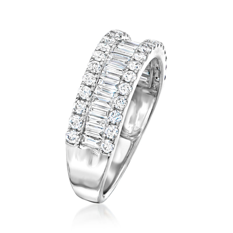 Sterling silver diamond ring side view with baguette-cut stones and round accents