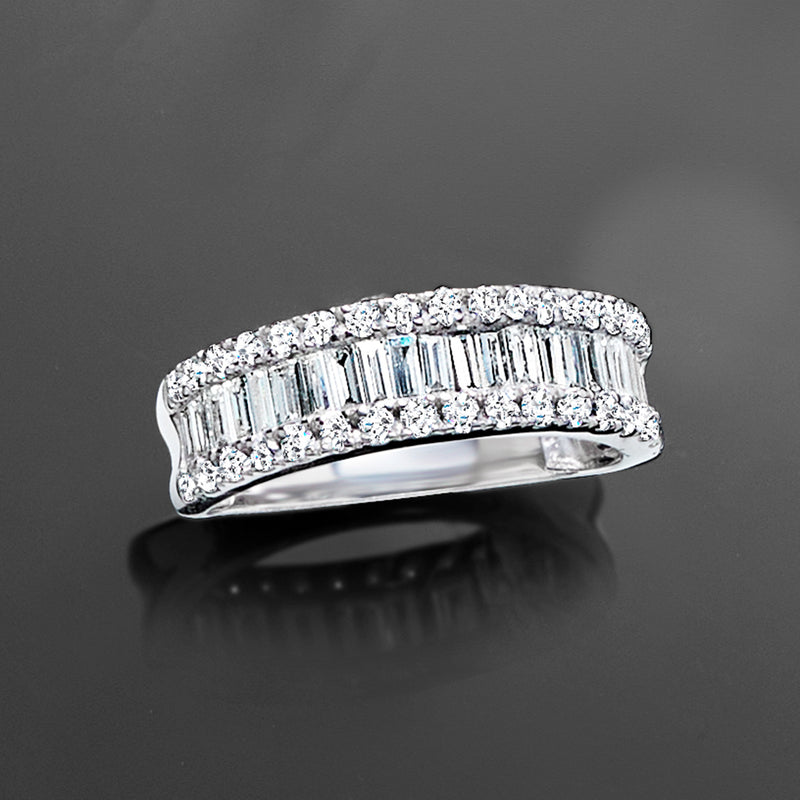 Sterling silver diamond ring top view with baguette-cut diamonds and round border