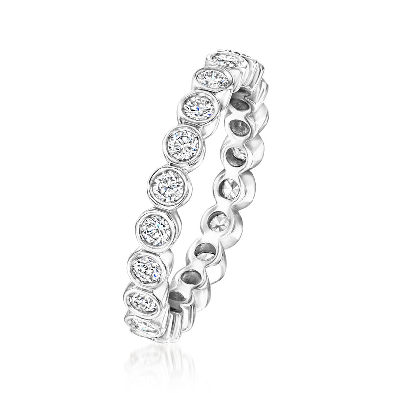 Sterling silver round bezel-set diamond eternity band, side view
