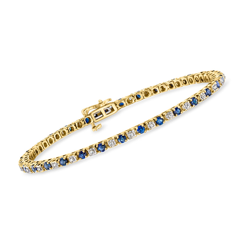 14kt yellow gold tennis bracelet with blue sapphire and diamond rows, hinged open design