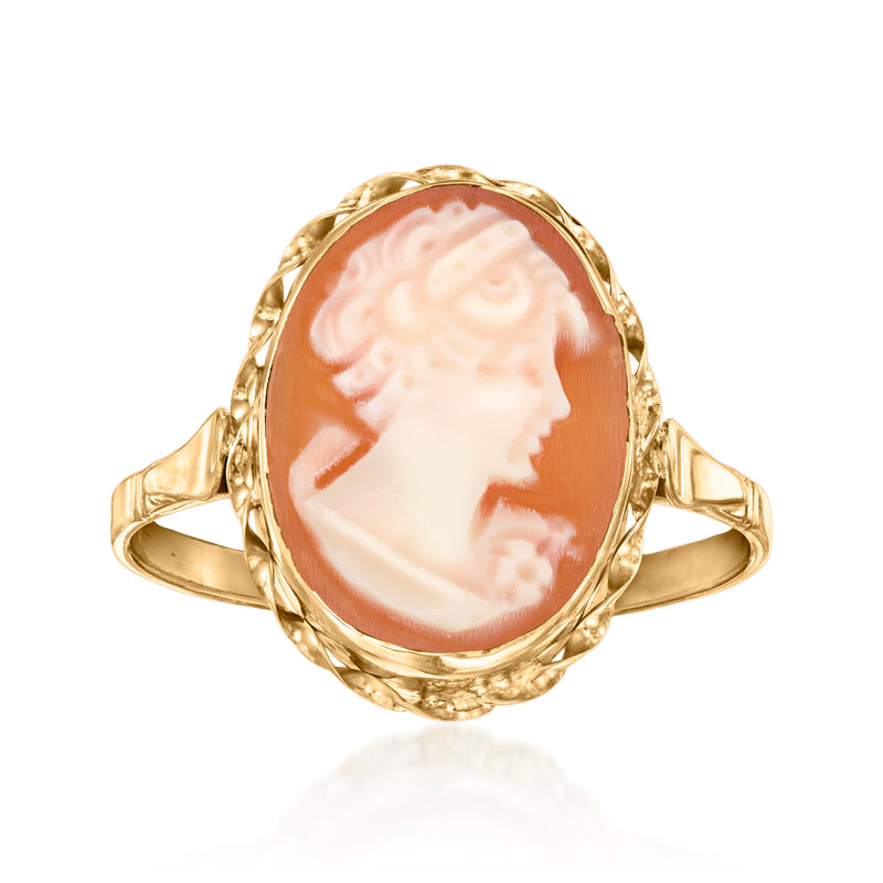 Oval brown shell cameo ring in 14kt yellow gold, cameo profile portrait setting