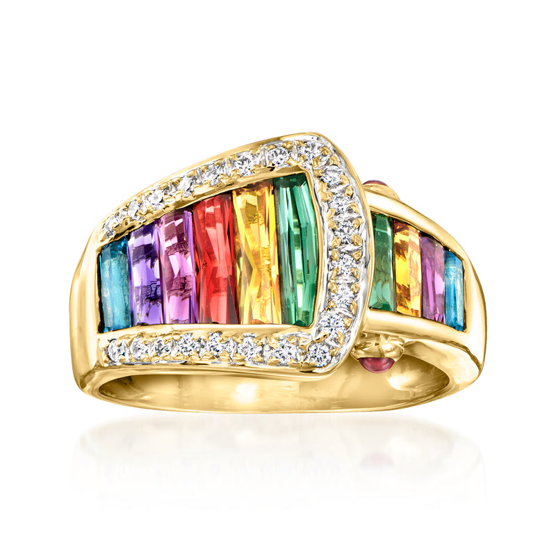 Yellow gold buckle ring with multicolor gemstone insets and diamond accents
