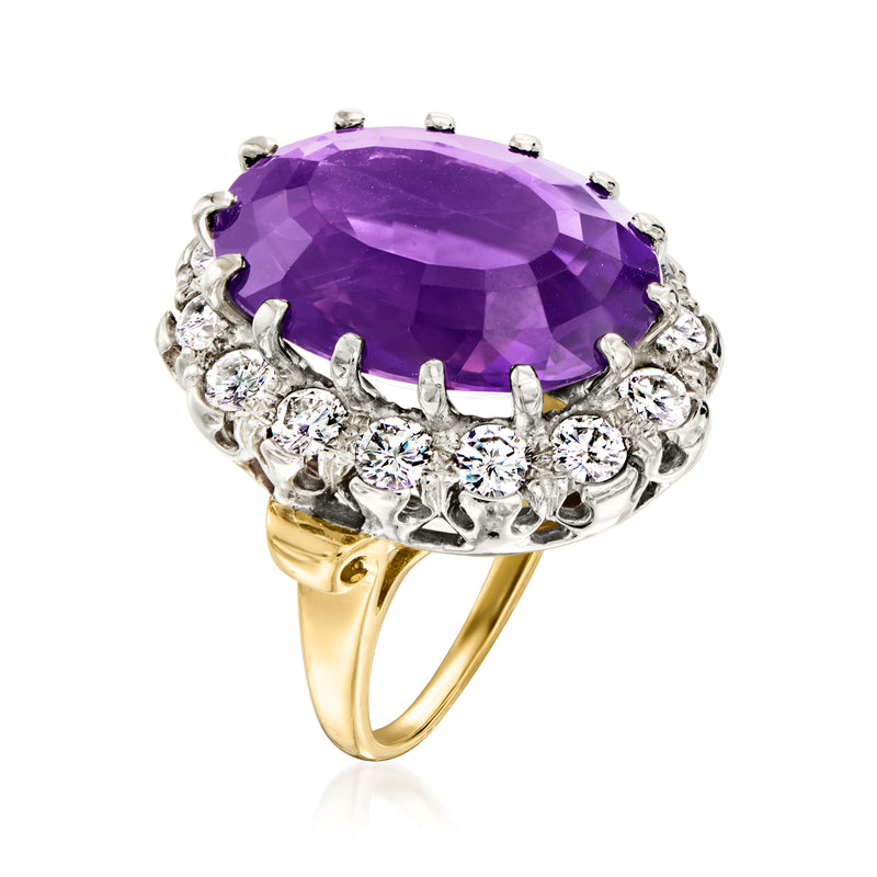Oval amethyst halo ring with split-prong setting, diamond border, 14kt yellow gold.