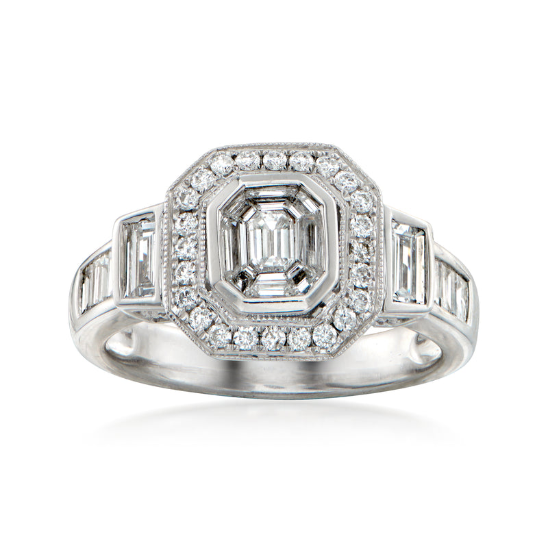 White gold diamond cluster ring with emerald-cut center and baguette side stones