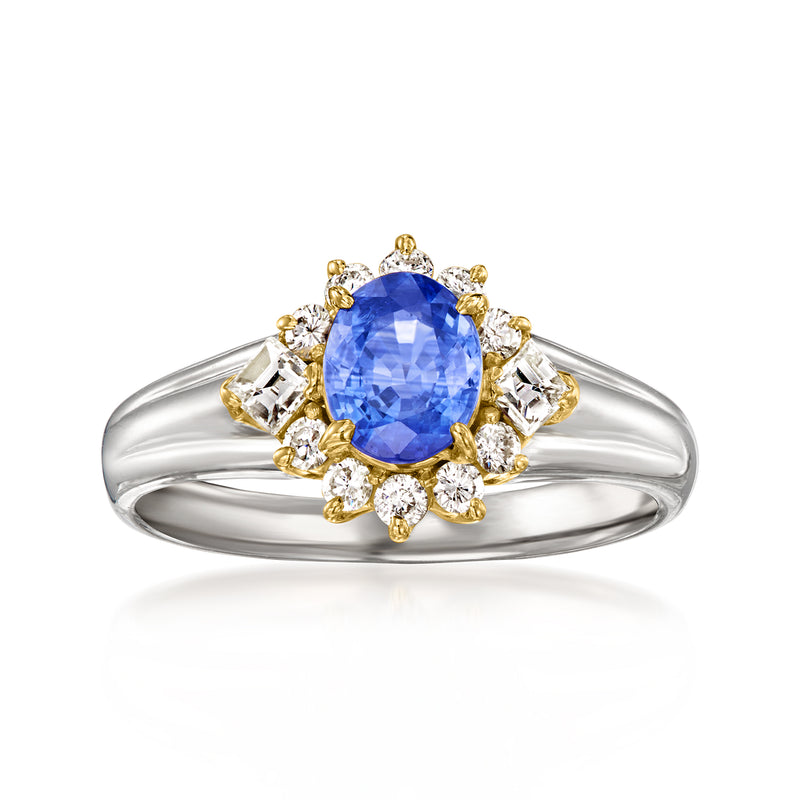 Vintage sapphire & diamond halo ring with oval blue center; yellow gold and platinum band