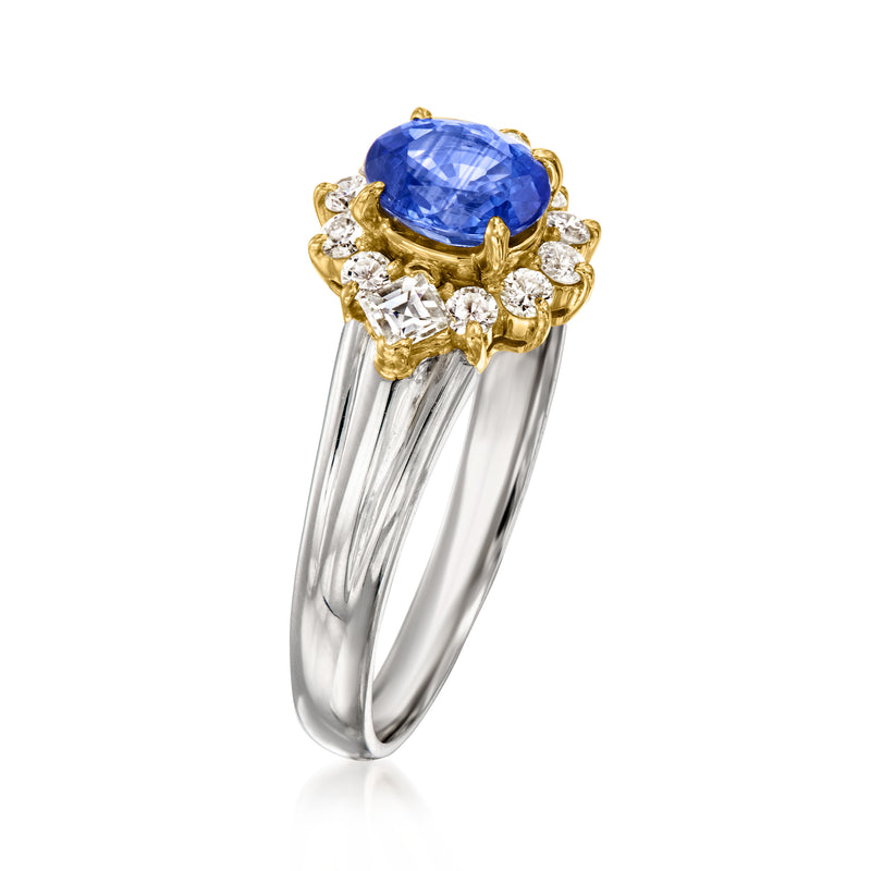 Sapphire and diamond halo ring side view, oval blue stone in yellow-gold setting