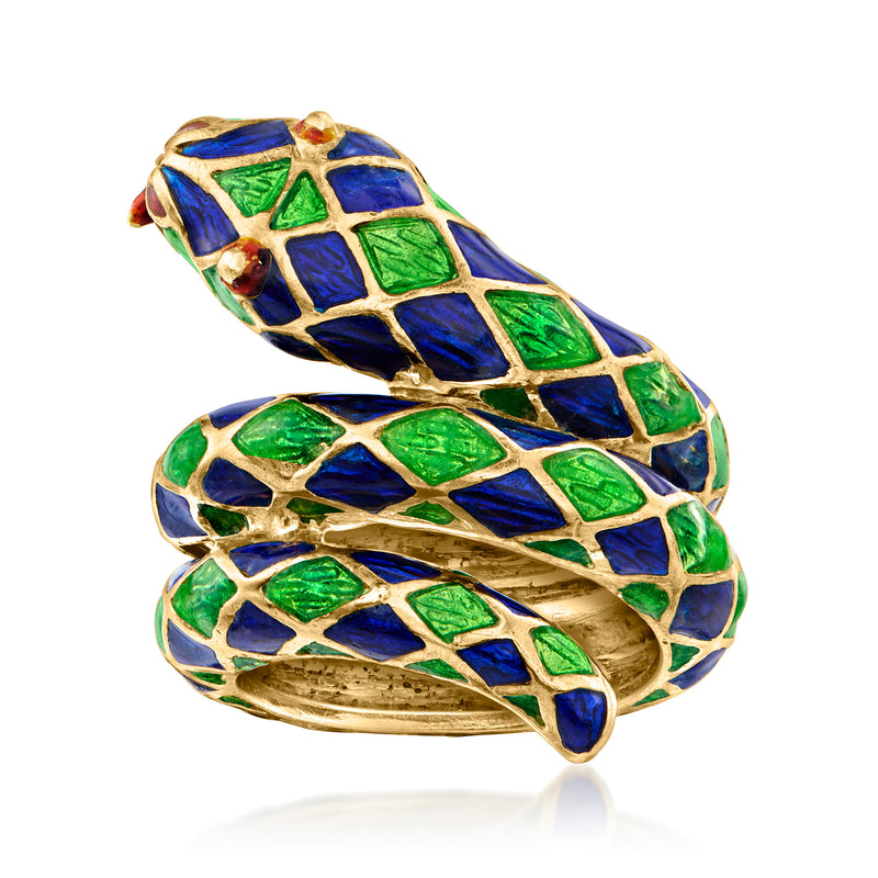 Vintage enamel snake ring in yellow gold with blue and green scale pattern