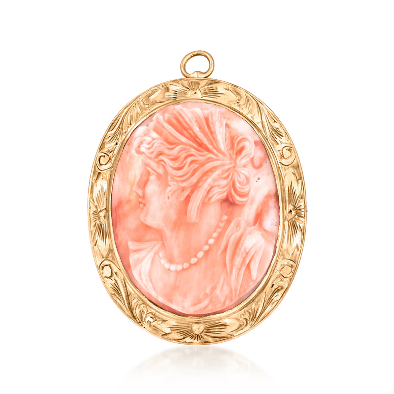 Oval 14kt yellow gold pendant with pink coral cameo portrait and top loop