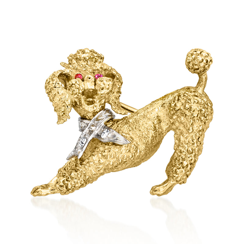 Two-tone gold poodle pin with diamond-like stones and ruby accents