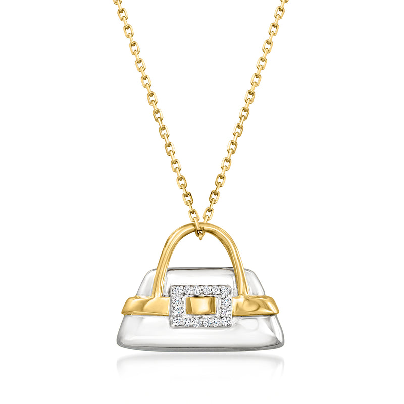 Two-tone gold purse pendant necklace with square diamond in handbag motif
